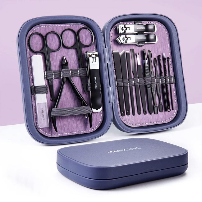 Manicure Set Professional Nail Clippers Kit Pedicure Care Tools, 18pcs Stainless Steel Nail Care Tools Grooming Kit for Women (Dark blue)