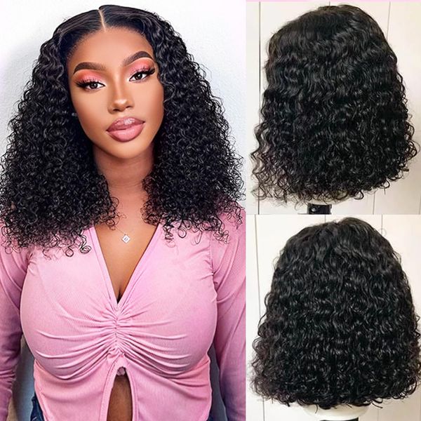 Echthaar Perücke Bob V Part Wig Human Hair Wigs For Black Women Short Kinky Curly Human Hair Wigs For Women Curly Bob Wigs 180% Density Lockiges Menschliches Haar Perücke Wigs Human Hair 10 Zoll