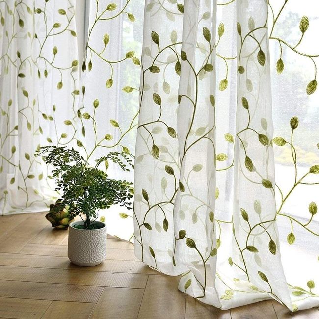 TIYANA Ivy Leaf Embroidered Sheer Panel 84 inch Long Window Crushed Gauze Room Curtain Voile Tulle Window Drapery Rod Pocket (1 Panel, Green Leaf White Sheer, W40 x L84 inch)