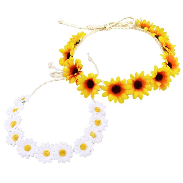 White Yellow Handmade Flower Headband, 2 PCS Daisy Flower Crown, Hair Wreath Boho Headpiece, Hippie Flower Headbands, Hair Accessories for Wedding, Beach, Party, Festival, Women