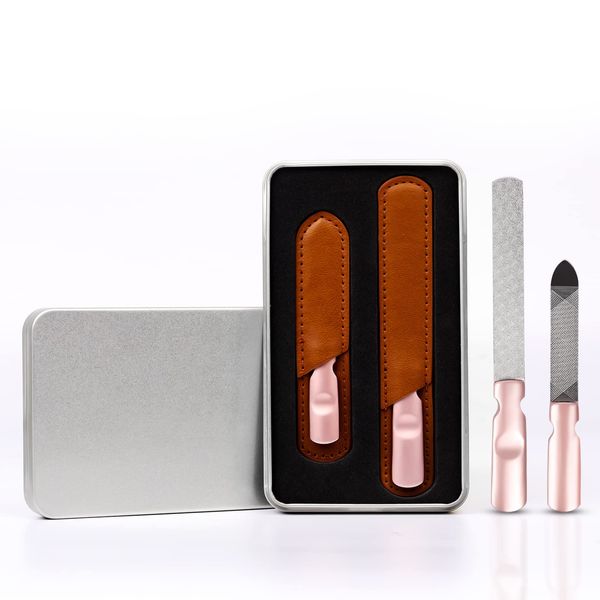 Nail File, Nail Polish, Stainless Steel, Anti-Slip Handle, Double Sided Type, Nail Polish, Leather Case Included, Gift, Unisex (Pink)