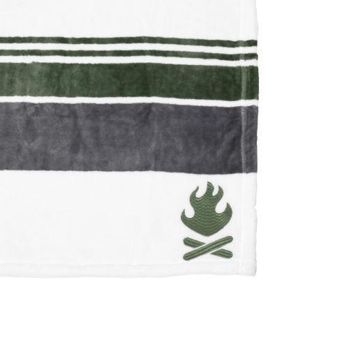 Pavilion Gift Company - 50" x 60" Striped Green White Gray Embroidered Bonfire Throw Royal Plush Soft Blanket Camping Camper Camp Glaming Lover Gift RV Cabin Tent Present