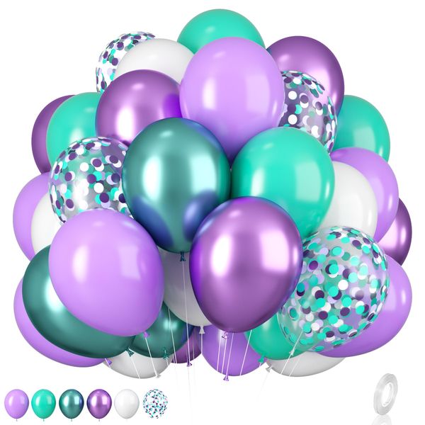 Mermaid Balloons, 12 Inches Purple and Green Balloons Teal Purple White Metallic Confetti Green Purple for Girls Mermaid Birthday Party Decoration Baby Shower Under The Sea Party Decorations