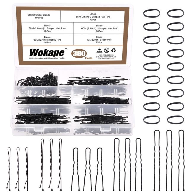 Wokape 380Pcs 2 Inch Black Bobby Pins and 2.4 Inch U Shaped Hair Pins with Black Rubber Bands Soft Elastic Bands Assortment Kit, Blonde Hair Pins for Buns Women Girls with Storage Box