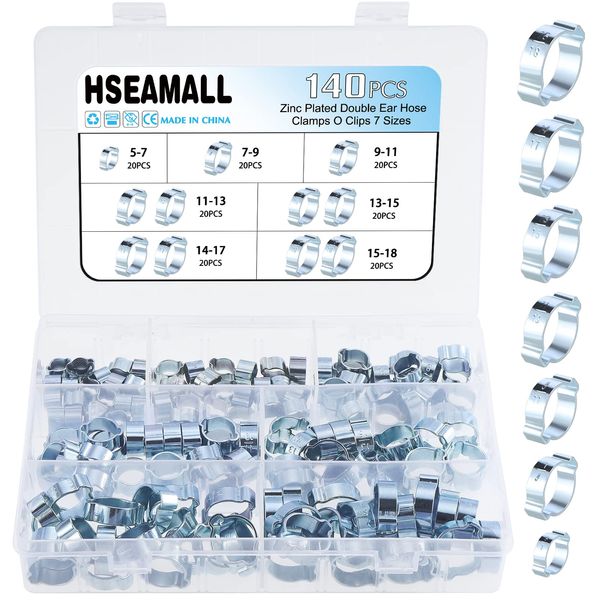 HSEAMALL 140PCS 5-18mm Double Ear O Clips Hose Clamps Tube Pipe Clamps Hose Fasteners Clips