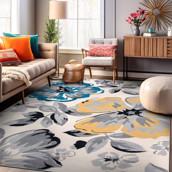 Rugshop Area Rug Modern Floral Design Carpet Rugs for Living Room Cream 6x9 Rugs