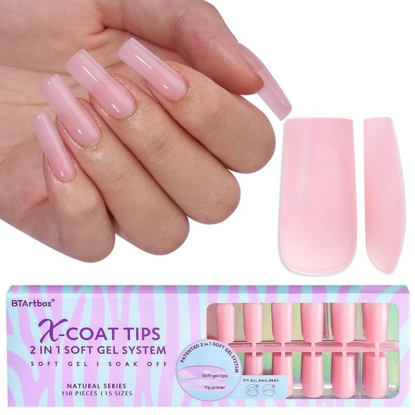 Soft Gel Nail Tips Square - BTArtbox Press On Nails Long Pink Colored XCOATTIPS Natural with Tip Primer Cover, One-Step Full Cover Fake Nails Gel Nails for Nail Extensions Art Easter Day Gift