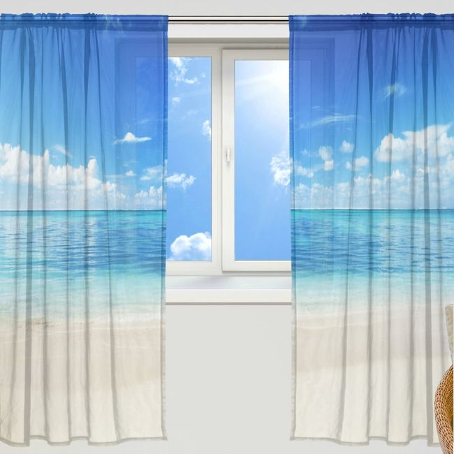 MAKIKU Mirror Lace Curtain, Blackout Thermal Insulation, Thermal Insulation, Lace Curtain, Bay Window, Door Curtain, Stylish, Hawaii, Scandinavia, Sandy Beach, Sea, Blue, Shade Curtain, UV Protection,