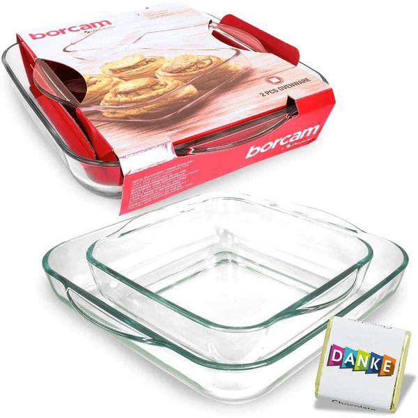PASABAHCE Auflaufform groß 2-er Set, Glas Backform Set, Borcam Lasagne Auflaufform, Springform aus Glas, Auflaufformen im Set OVAL/RUND/ECKIG (ECKIG)