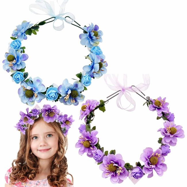 2 PCS Flower Crown Headband Women Garland Headband Hair Floral Wreath, Boho Headpiece for Girls Wedding Festival Hair Accessories(Purple+Blue)