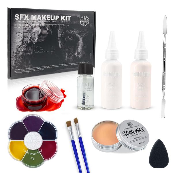 VIOLA HOUSE SFX Makeup Kit, Halloween Special Effects Makeup, 6 Colors Bruise Wound Face Body Paint + Scar Wax + Scar Oil + Liquid Latex + Fake Blood + Spatula + Stipple Sponge + Brush.