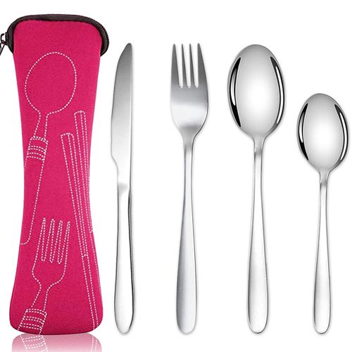 Acehome Cutlery Set with Portable Pouch Case, Stainless Steel Flatware Camping Utensil Set with Neoprene Bag for Outdoor Travel Picnic Office School Lunch Box (4 Pcs Rose Red)