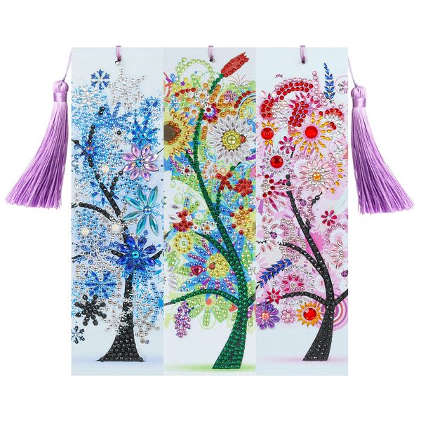 VETPW 3 Pcs DIY 5D Colorful Tree Diamond Art Painting Bookmark Kit for Graduation Birthday Gift, Special Shaped Diamond Tassel Leather Bookmark Embroidery Painting for Adults Beginners