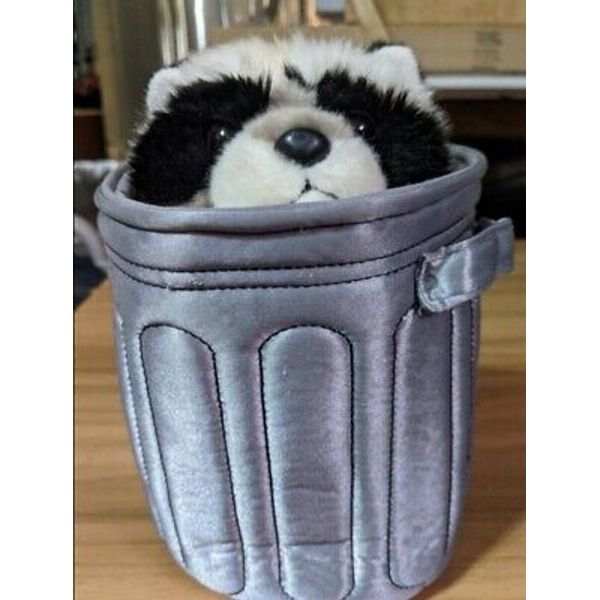 Aurora Plush Raccoon in Silver Garbage Trash Can Hand Puppet Pops Up Soft Toy