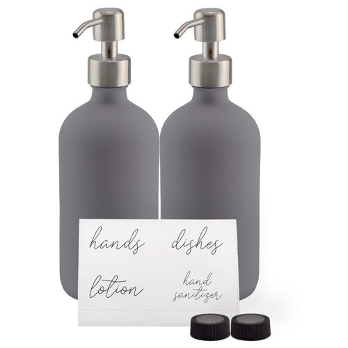 Cornucopia Brands 16oz Gray Pump Bottles (2-Pack); Gray Coated Glass Soap Dispenser Pump Bottles for Lotion, Hand Care & Liquid Soap