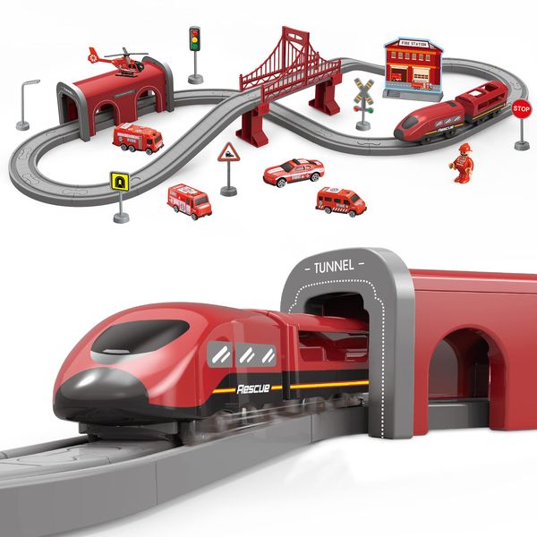 Train Sets for Toddlers, 66 Pcs Trains Toy with Battery Operated & Tracks (Magnetic Connection), Compatible with Thomas, Brio, Christmas Toy Gifts for 3 4 5 6 7 8 Years Old (Fire Engines)