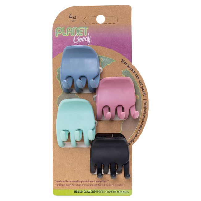 Goody Planet Goody Sustainable Heritage Claw Clips, Medium, Extra Strong, Bright Colors, Blue, White, Mint and Black, 4 Count