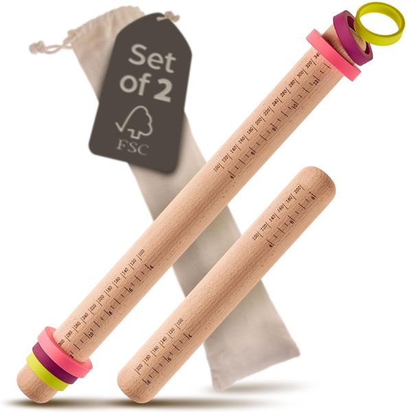 Wooden Rolling Pin with Spacers, Set of 2 - FSC® Sustainable Dough Roller for Even Rolling, Easy Cleaning & Family Baking