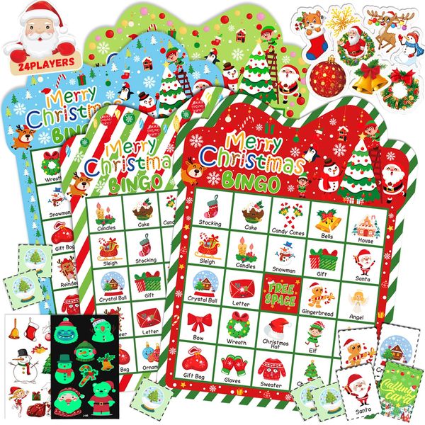 43Pcs Christmas Bingo Games for Kids Adults 24 Players Christmas Bingo Cards with Reward Stickers Christmas Tattoos for Kids Glow in The Dark for Family Party School Indoor Games Activities