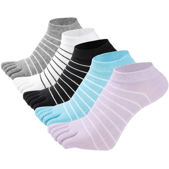 SEAUR Zehensocken Damen Bunt Fünf Finger Socken Baumwolle Sneaker Socken Weiß Streifen Kurz Socken Atmungsaktiv Sportsocken Laufsocken 5 Paar 36-42