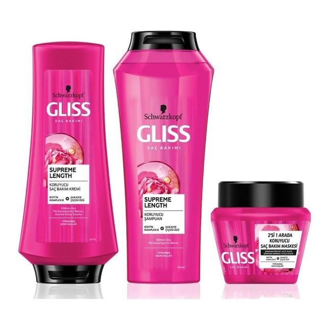 Gliss Supreme Length Uzun Saçlara Özel Bakım Seti (Şampuan 500 ml + Saç Kremi 360 ml + Maske 300 ml)