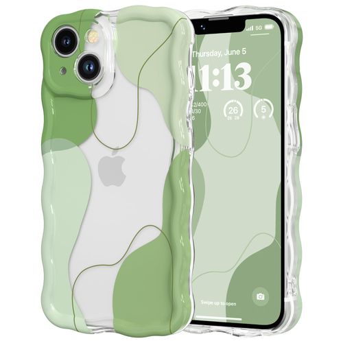 DEFBSC for iPhone 14 Plus/15 Plus Case, Cute Clear Wavy Art Design Aesthetic Pattern Phone Case for Women Girls, Wave Frame Durable Protective Cover Full Camera Protection Bumper, Green
