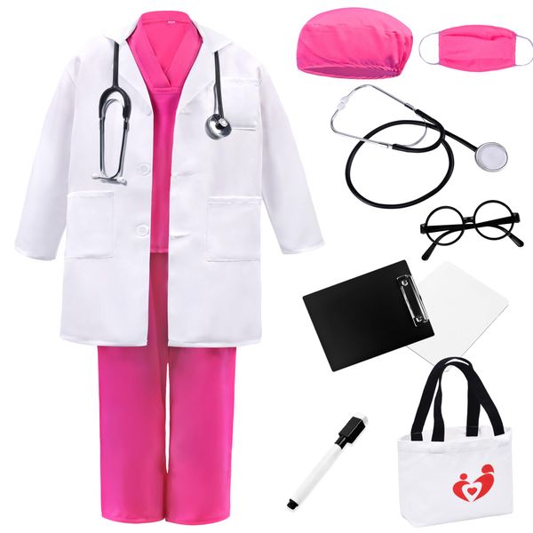 ZZIHAN Doctor Costume for Kids Rose Doctor Nurse Scrubs Costume Doctor Lab Coat Costume Veterinarian Costume Stethoscope Nursing Clipboards Toddler Boys Girls 3-4T Brithday Party Halloween Dress Up