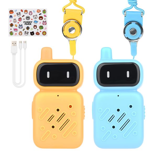 Mafiti Rechargeable Walkie Talkies for Kids 2 Pack Mini Robot Walkie Talkie Long Range 1 KMs 2 Way Radio Toddler Toys for 3-12 Year Old Boys Girls Indoor Outdoor Games(Yellow+Blue)