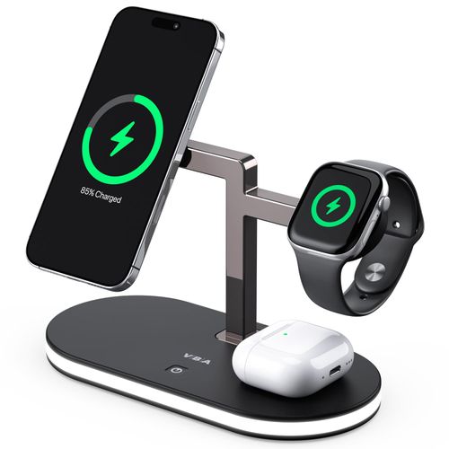 VBA 4 in 1 Wireless Charging Station for Apple MagSafe Charger,Fast Charging Magnetic Wireless Charger Stand with Night Light for iPhone 16 15 14 13 12 Series,Apple Watch,AirPods Pro 2 3 4 (Black)