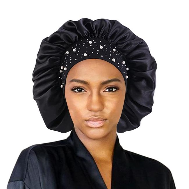 YeeMan Hair Bonnet Glittering Pearls and Rhinestones Satin Bonnet Wide Band Sleeping Cap (Black)