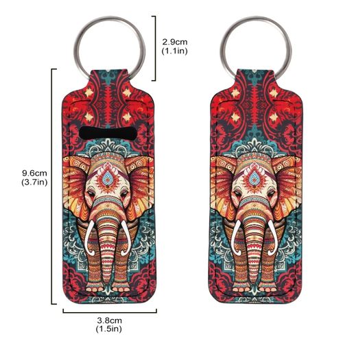 STUOARTE Boho Elephant Print Lipstick Holder Keychain, Neoprene Chapstick Holder Keychain for Women, Clip-on Portable Lightweight Lip Balm Pouch, Auto Accessories