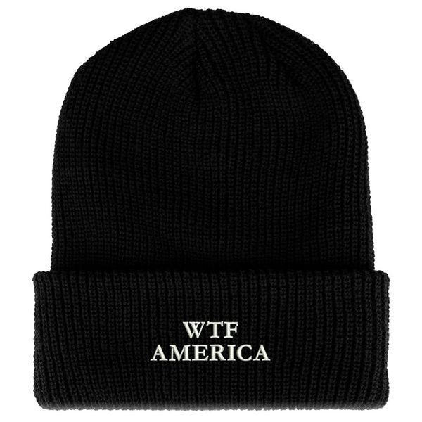 Trendy Apparel Shop WTF America Embroidered Ribbed Cuffed Knit Beanie - Black