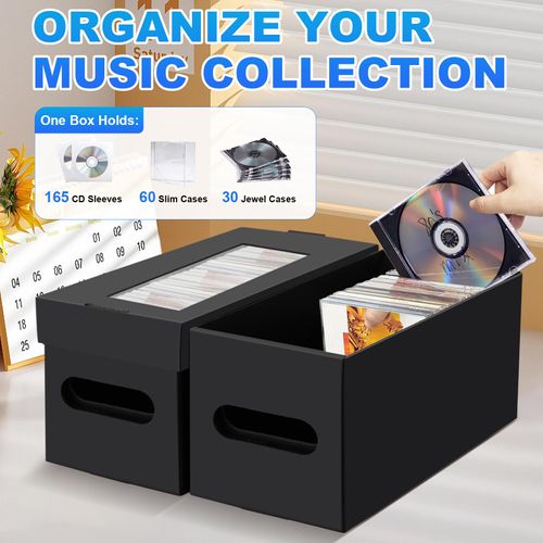 AOBOPLE CD Storage Boxes,4 Pack Cardboard CD Case Storage,CD Case Holder with Lid,Holds 30 CDs in Full Jewel Cases, 60 CDs in Slim Cases, and 165 Discs in CD Sleeves