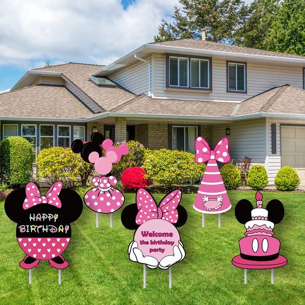 Minnie Birthday Party Supplies,Cartoon Minnie Yard Lawn Sign Birthday Decorations,Girl Birthday Party Decorations(5PCS)