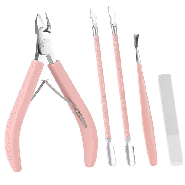 Arcjunys 4 Pcs Cuticle Nippers and Cuticle Pusher Cuticle Remover Tool Set Stainless Steel Professional Cuticle Cutter Clipper Cuticle Trimmer for Fingernails and Toenails Pink