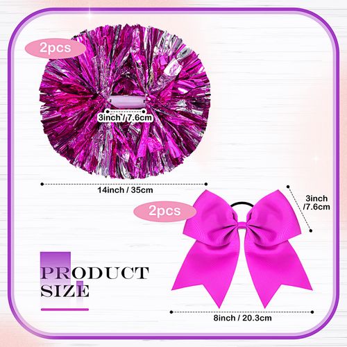 Canlierr 2 Pack 14 Inch Metallic Cheerleading Pom Poms with 2 PCS Cheerleader Hair Bows for Kids Adults Team Spirit Cheering Football Baseball Softball Dance(Rose Red)