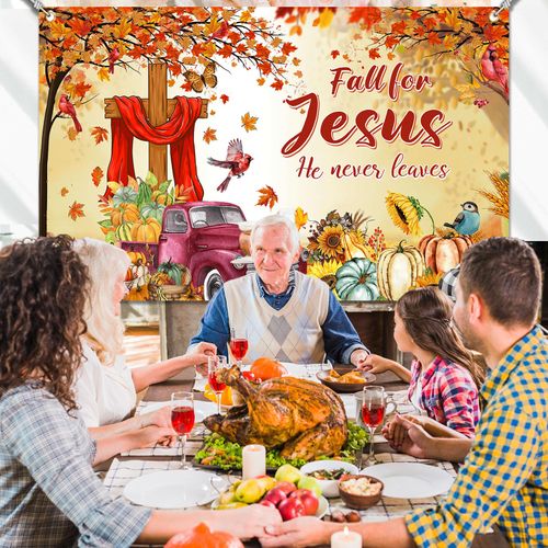 YE SU Fall for Jesus He Never Leaves Banner, Pumpkin Maple Leaves Fall Thanksgiving Banner for Christian Religion Supplies, 70.8 * 43.3inch