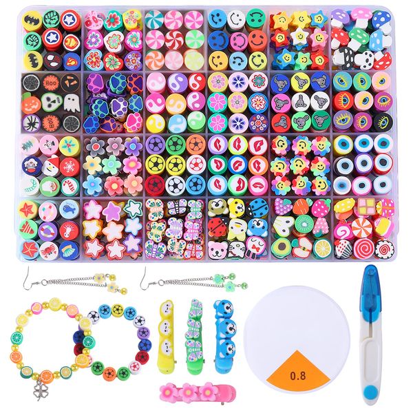 Polymer Clay Beads Clay Charms, Cute Flower Beads Fruit Clay Beads Kids Crafts Bracelet Beads 24 Styles Preppy Beads for Bracelets Necklace Earring Making Clay Beads Kits with Accessories(480 PCS)