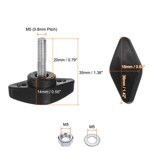 HARFINGTON 8pcs Tee Wing Knobs M5 x 20mm Metric Thread 36mm T Head Plastic Handles Thumb Screws Hand Clamping Threaded Stud Knob Grip Thumbscrew with Nuts Washers, Black