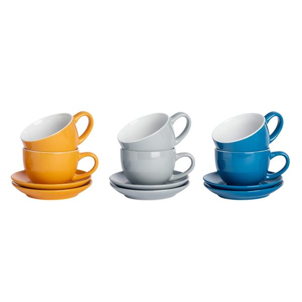 Argon Tableware 12 Piece Coloured Cappuccino Cup and Saucer Set - Modern Style Porcelain Tea and Coffee Cups - Blue Grey Yellow - 250ml