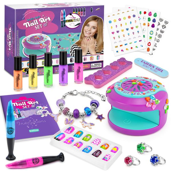 Kids Nail Polish Set for Girls Nail Art Kits with Nail Dryer, Quick Dry & Peel Off & Non-Toxic Nail Polish,2 in 1 Nail Art Pen - Charm Bracelet Making Kit & Ring Birthday Gifts for Girls Ages 7-12