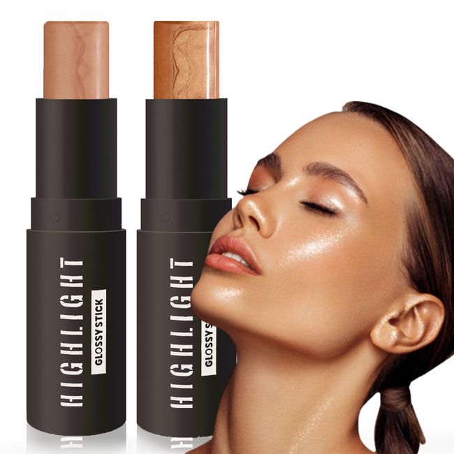 2pcs Contour Highlighter Makeup Sticks - Bronzer Wand, Face Brightens Contour Stick for Long-Lasting & Waterproof - Bronzer Contour & Shimmer Highlighter Cream Blush Stick for Cheeks & Body