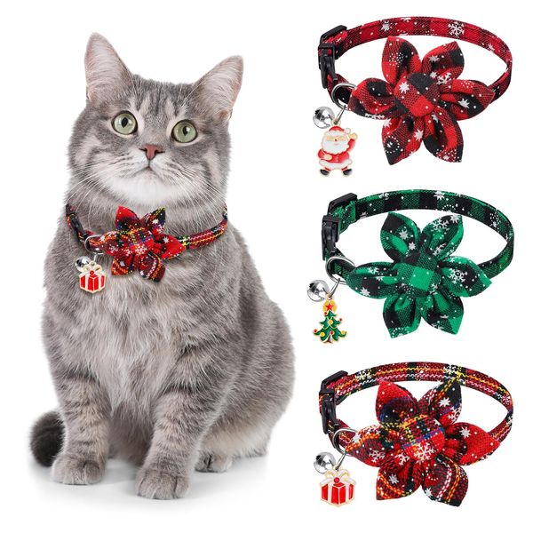 Vellibring 3 Pack Christmas Cat Collars,Christmas Flower Kitten Collars with Adjustable Breakaway Bow Tie Bell Plaid Snowflake Xmas Pet Supplies for Christmas Cats Accessories