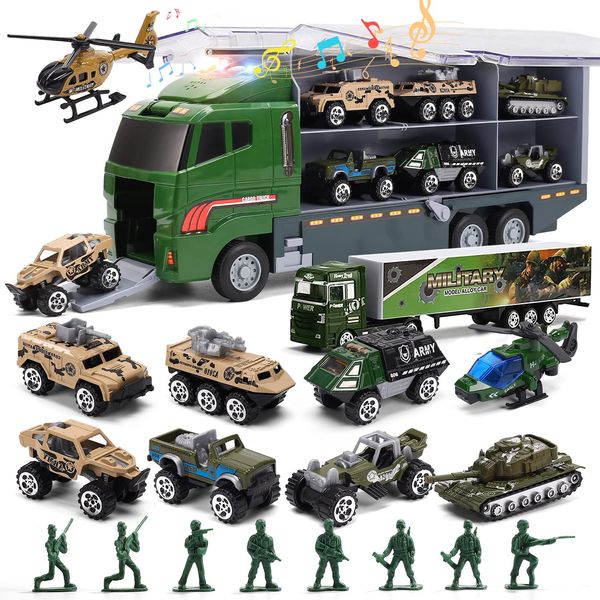 28 in 1 Army Toy Trucks with Sound and Light, Push and Go Car with 16 Army Men, Chritsmas Great Gift for Boys Toddlers and Kids