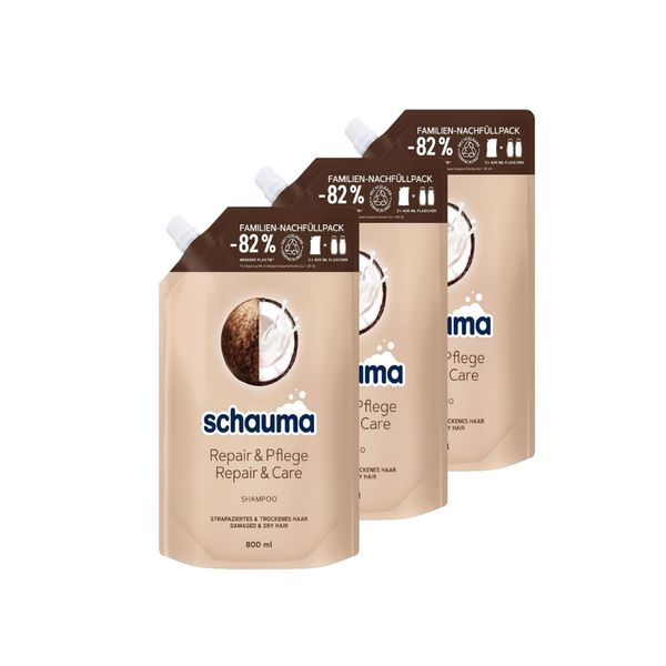 Schauma Shampoo Repair & Pflege Nachfüllpack (800 ml), Haarshampoo repariert das Haar und sorgt für Geschmeidigkeit, Reparatur-Shampoo für strapaziertes & trockenes Haar, 3x 800 ml