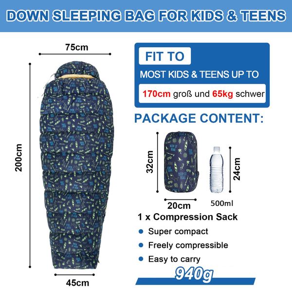 QEZER Kinderschlafsack,Ultraleicht Schlafsack Kleines Packmaß für Jungen und Mädchen Camping,Reise,Zelten,Outdoor mit Premium 600FP Daunen (Blau-L)