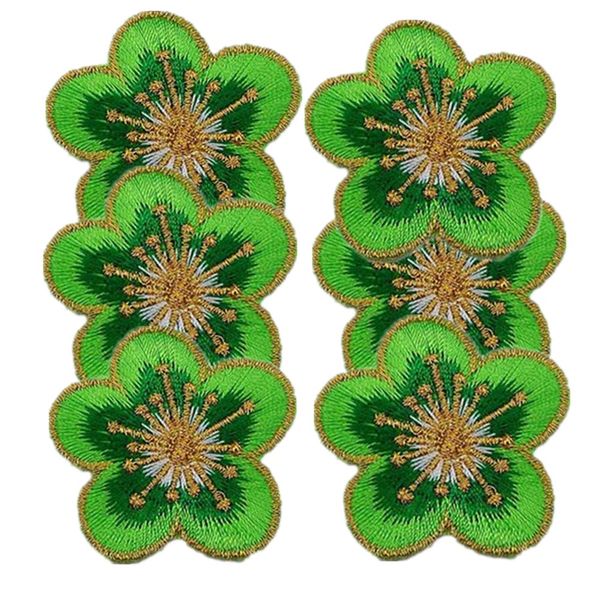 6pcs Small Plum Iron on Patches Flower with Gold Trimming Decorative Embroidered Fabric Applique for Jewellery Making Outfit Garment Embellishment(Green)