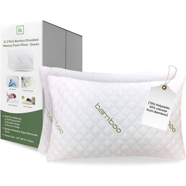 2 Pack Queen Size Viscose Derived Pillow Adjustable Shredded Memory Foam