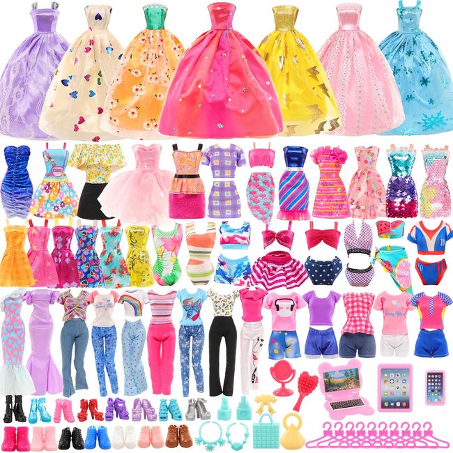 BARWA 57 Pack Doll Clothes and Accessories 5 Fashion Dresses 4 Tops 4 Pants Outfits 3 Wedding Gown Dresses 3 Swimsuits Bikini 5 Mini Dresses, 10 Hangers 15 Shoes Computer Cosmetic for 11.5 inch Doll