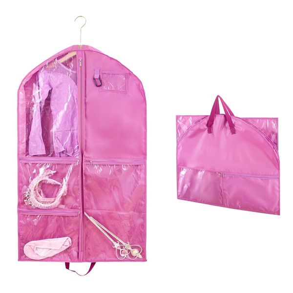 Waterproof Clothes Covers,40 inch Hanging Garment Bags with 3 Zipper Pockets,Foldable Dance Costumes Clothes Bag for Kids & Women,Suits Dress Hanging Cover with ID Slot,Travel Storage Bag (Pink)